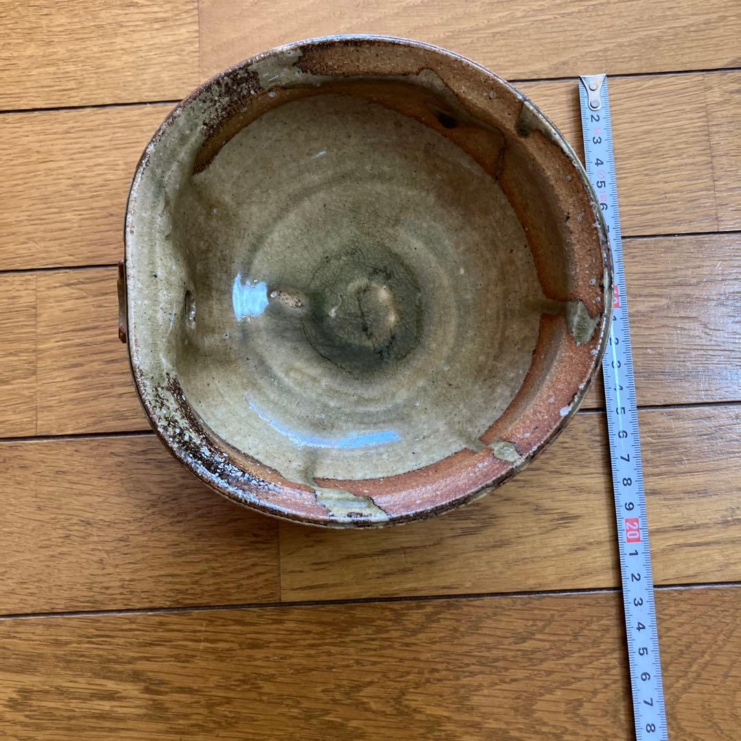 陶器 ボウル 茶色と緑のストライプ 片口