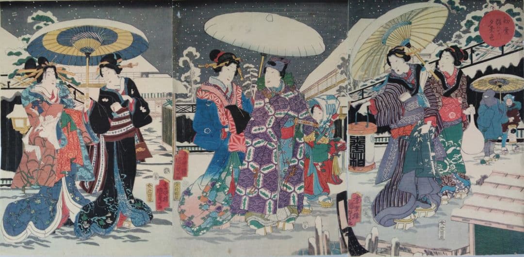 浮世絵 　初雪粧ひ乃夕景色　香蝶楼　国貞　３枚続