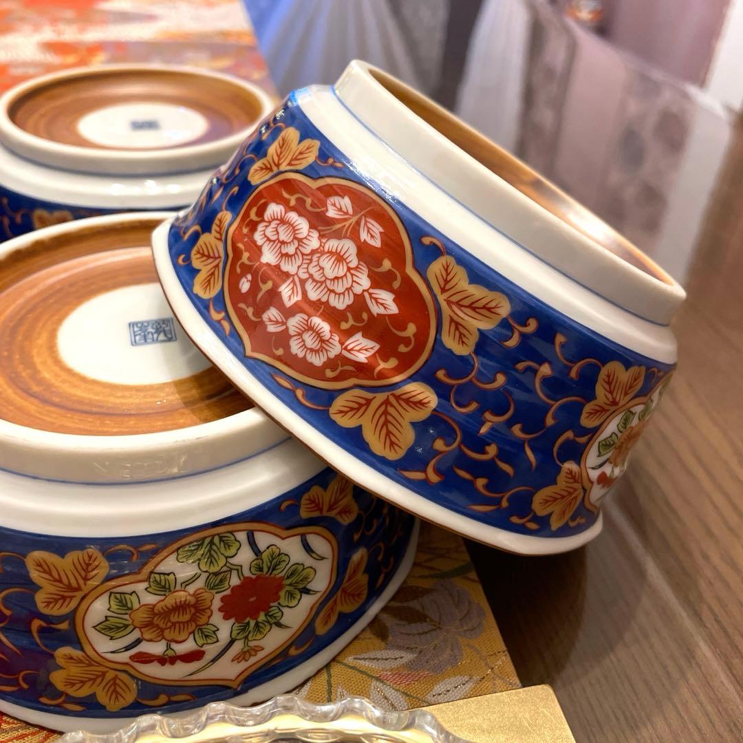 新品①三洋陶器　龍峰窯　金彩古伊万里　中鉢揃　５客②HOYAクリスタル中皿　5枚